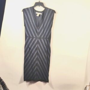 Max Studio L Black Gray Knitted Sheath Dress V-Neck Midi